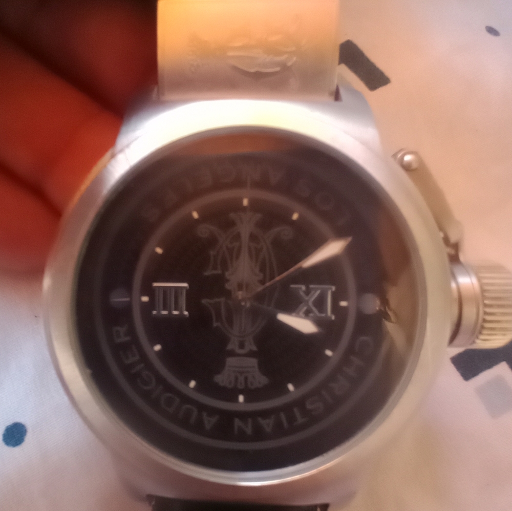 Christian Audigier Silver Case "LOS ANGELES" Dial Genuine leather ETE-115 Watch